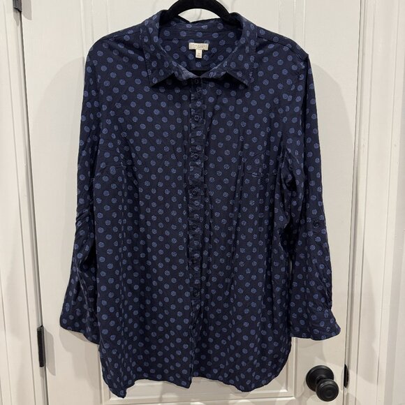 Talbots 2xk Long-Sleeve Button Down Navy Blue w/ Light Blue Dots EUC Workwear - Picture 1 of 5